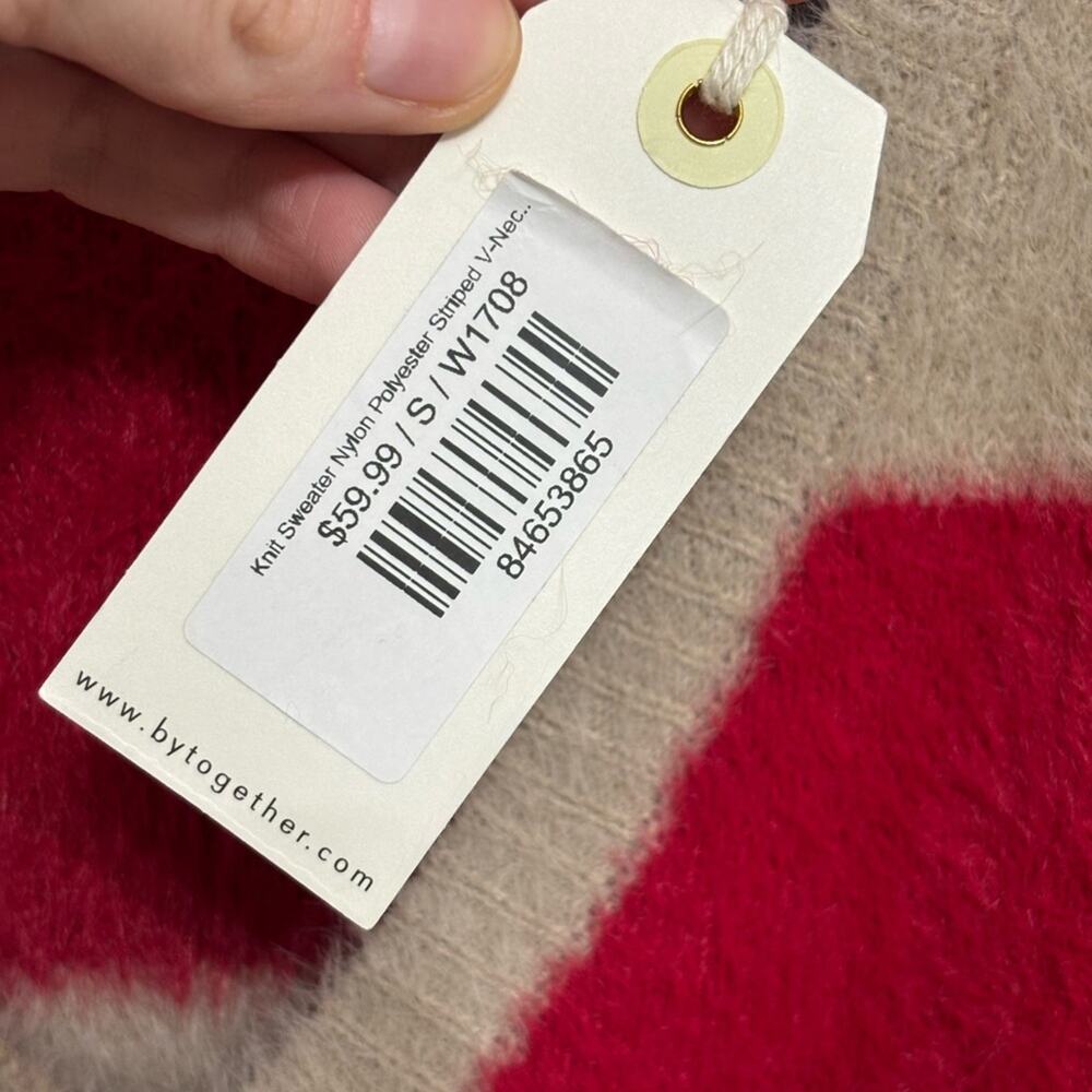 NWT By Together Striped Fuzzy Knit V-Neck Sweater in Red and Taupe - Size S - Picture 6 of 7